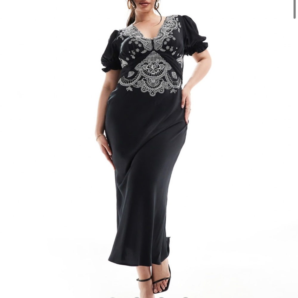 ASOS DESIGN Curve US 22 embroidered satin midi tea dress in black